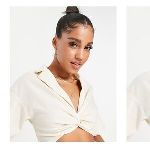 Missguided twist front crop top with collar in cream